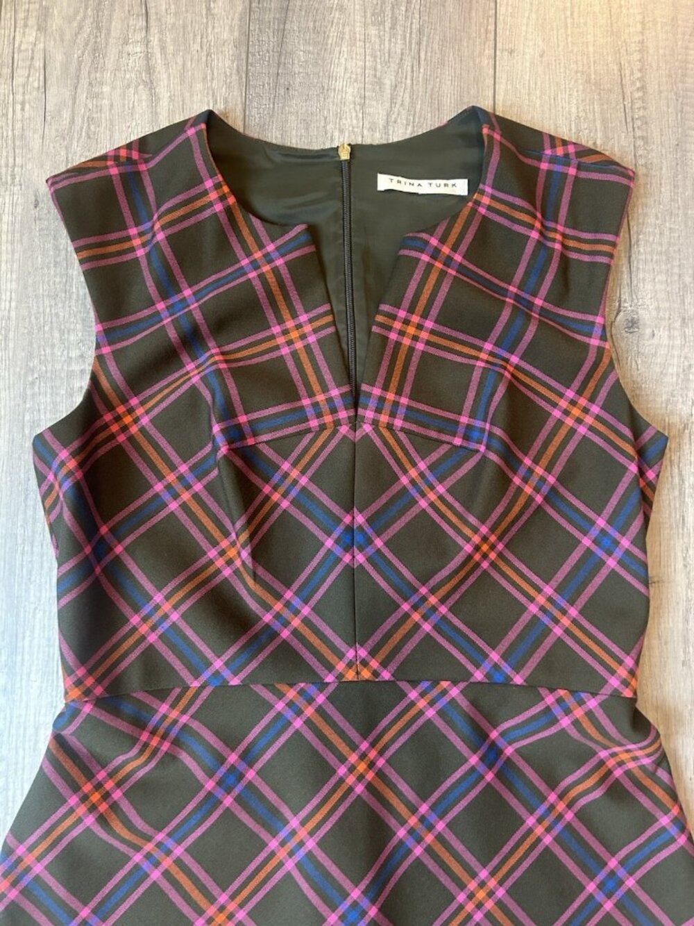 Trina Turk Delightful Dress A Line Plaid Dress Size 10 Brown Pink Wedding Guest - Picture 3 of 16